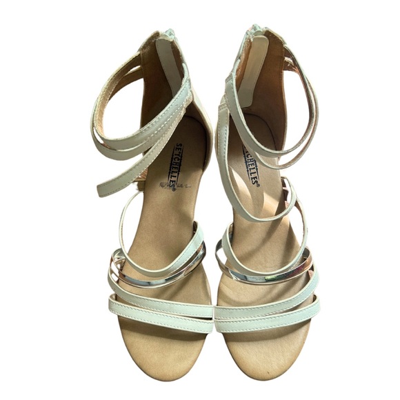 Seychelles White Silver Sz8 Strappy Gladiator Style Ankle Strap Wedge Sandals - Picture 2 of 6